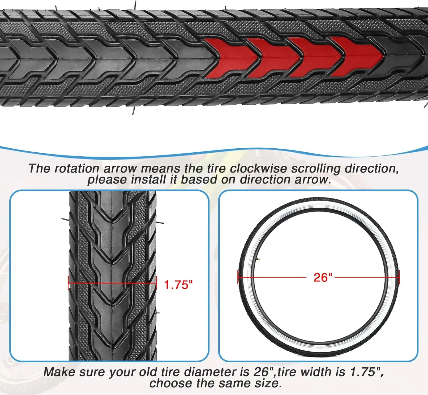 ZUKKA Bike Tire 26X1.75 Mountain Bike Tire with 2 Tire Levers Folding Replacement Tire MTB Mountain Bike, BMX Bicycle Commuter Bike
