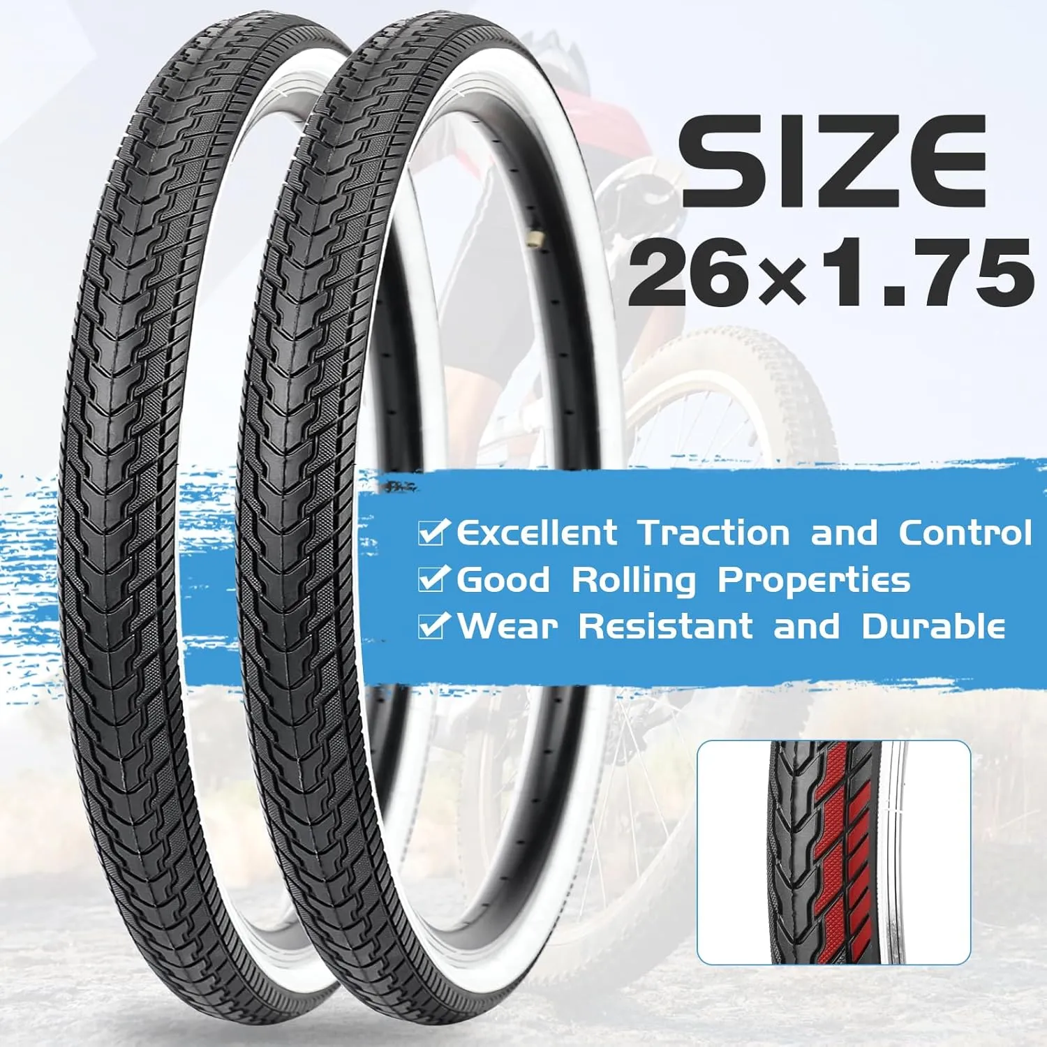ZUKKA Bike Tire 26X1.75 Mountain Bike Tire with 2 Tire Levers Folding Replacement Tire MTB Mountain Bike, BMX Bicycle Commuter Bike